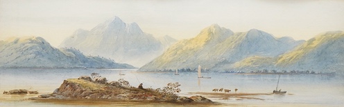 Attributed to Edwin Earp (1851-1945), Mountainous riverscape with boats and cattle, unsigned, watercolour, 17 x 53cm